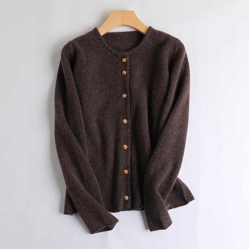 Women's Round Neck Wool Cardigan - Autumn/Winter Solid Color, Versatile & Temperament, Seven-Needle Thick Knit Sweater