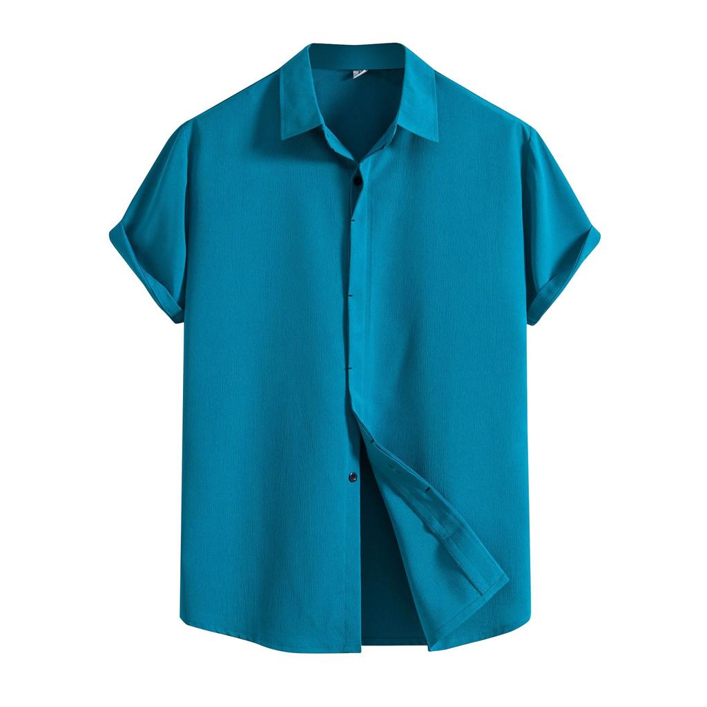 Мужская весенне-летняя повседневная однотонная рубашка с коротким рукавом, свободная рубашка с отложным воротником