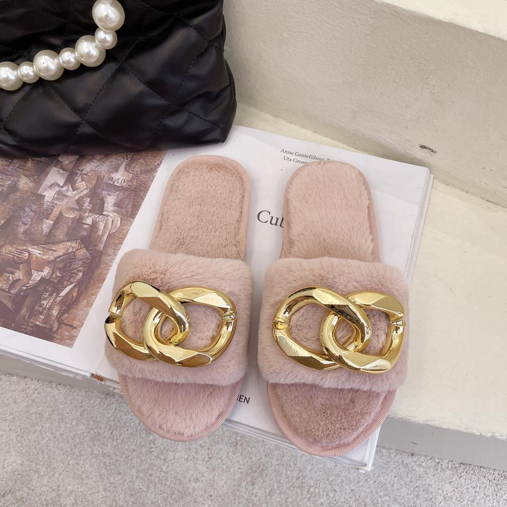 Мода 2024 Зима Новые женские домашние однотонные металлические украшения пушистые меховые хлопковые тапочки