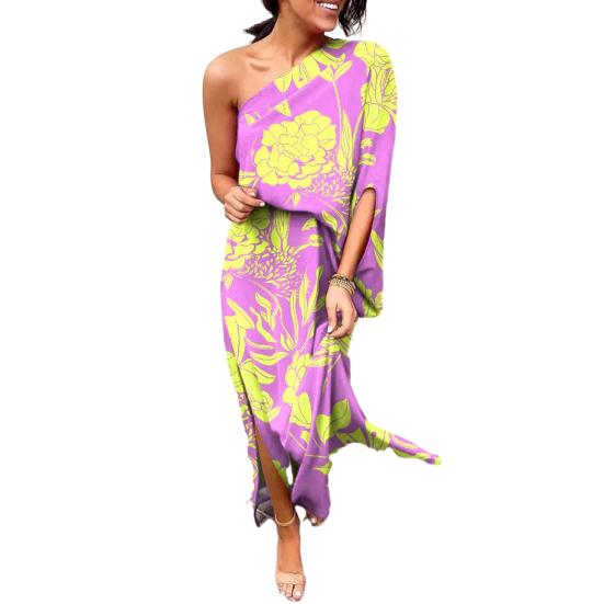 Женское платье макси на одно плечо с рукавами «летучая мышь» и цветочным принтом, длинное платье с разрезом