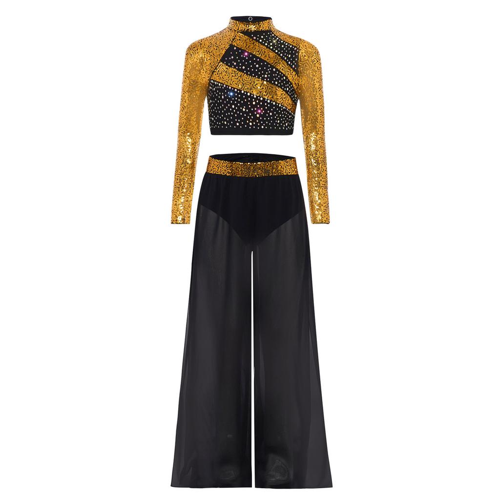 Girls Dance Two Piece Set Mock Neck Long Sleeved Sequins Cutout Back Crop Top with Chiffon Pants