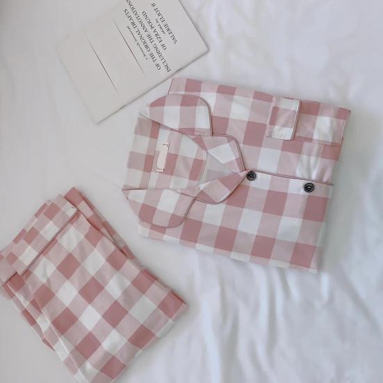 2 шт./компл., женский пижамный комплект на весну и лето, клетчатый принт с лацканами и длинными рукавами, свободный однобортный широкий комплект домашней одежды, рубашка и брюки, комплект одежды для сна