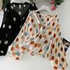 DanmoDanmo Lantern Sleeve Polka Dot V -Neck Chiffon Sunscreen Shirt Women 'S Shirt Summer Loose Chiffon Tops 