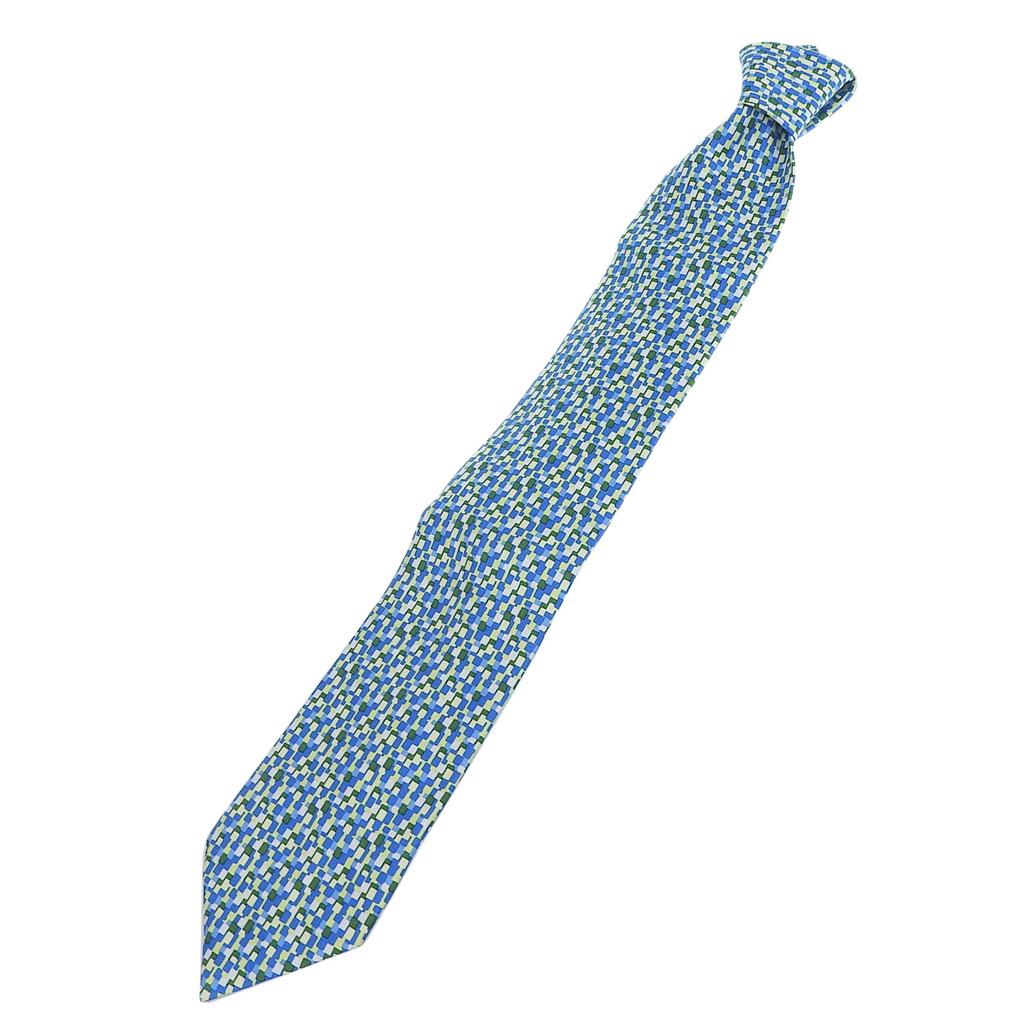 Great HERMES tie All-over logo print Blue Green Multi silk mens 5089 PA Used