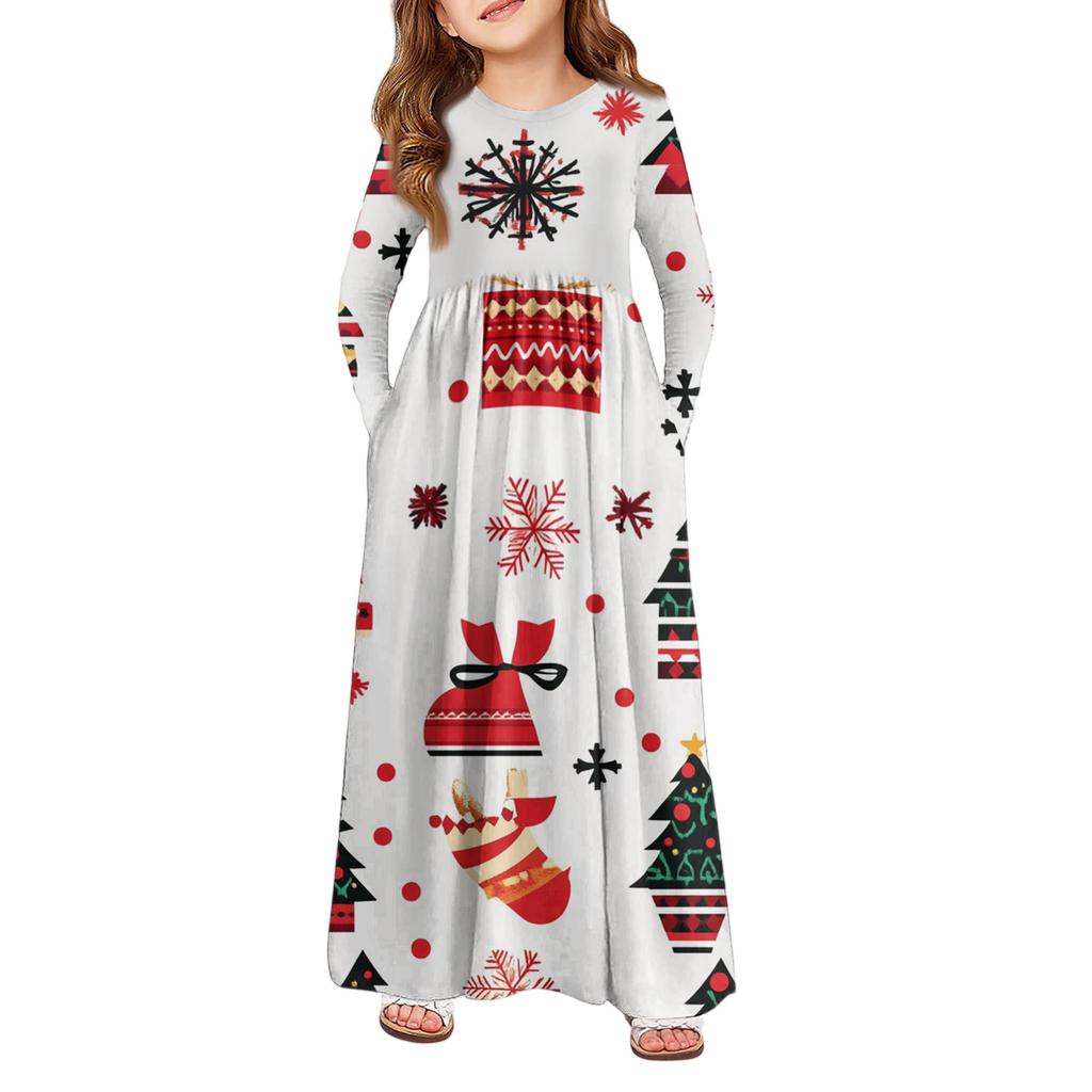 Девичье платье макси - Платье с длинным рукавом и карманом на Рождество