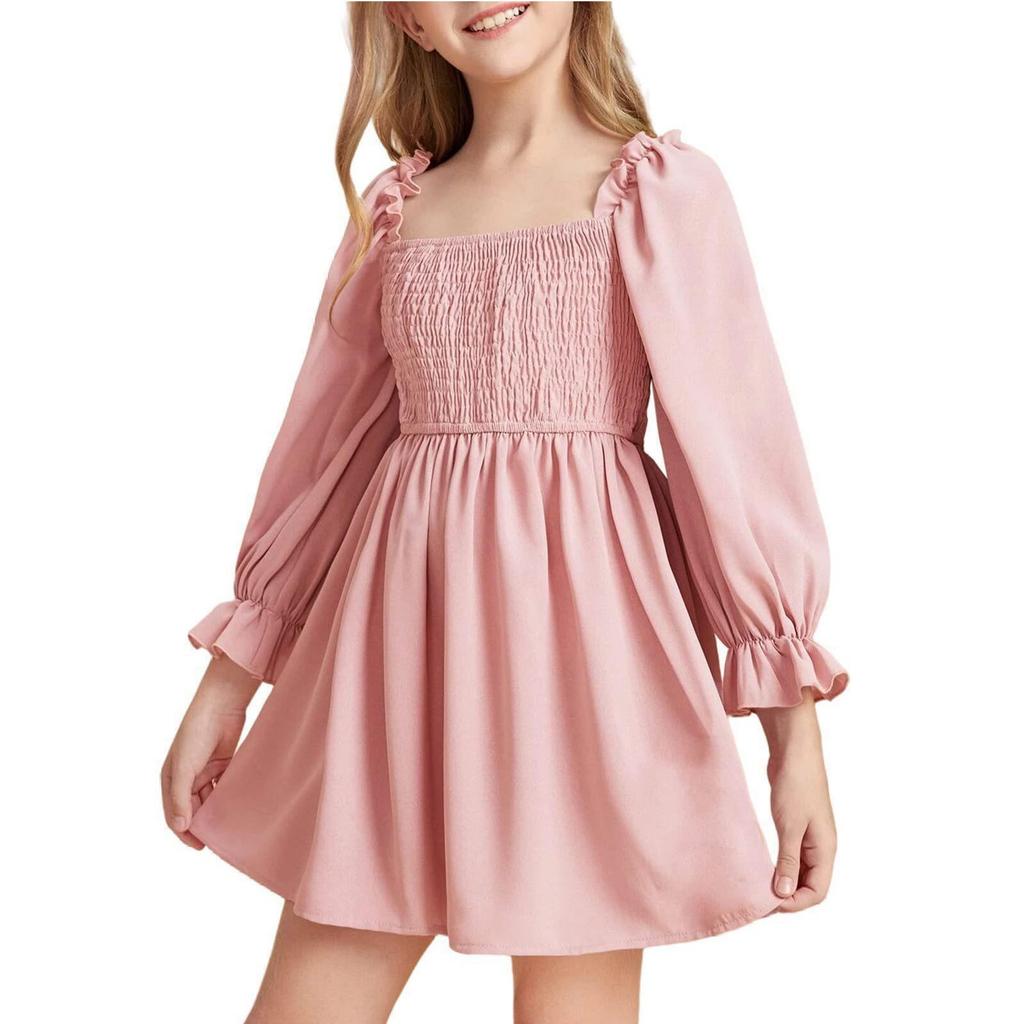 Girls' Square Neck Dress Sleeve Flared Hem Party Dress