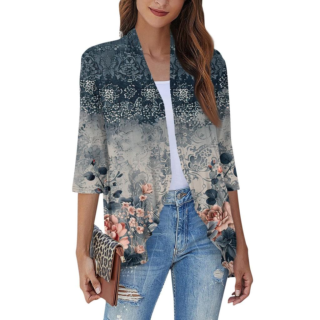 Women'S Casual Daily Cropped Sleeve Printed Shirt Top Soft Drape Ruffle Cardigan