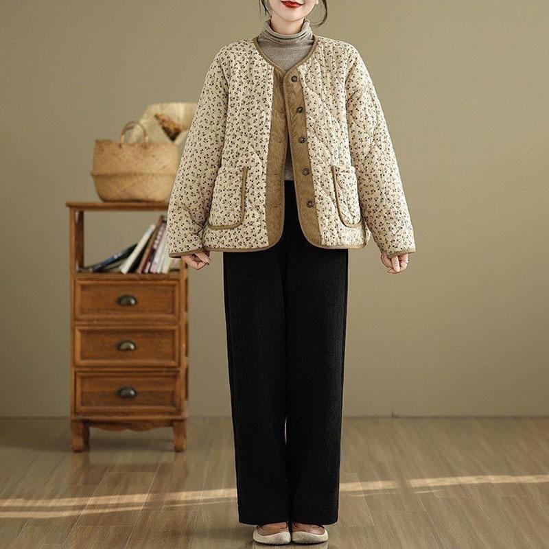 Coat for Women Winter Floral Collarless Thermal Plus Size Thickened Casual Oversize Double Layer Jacket