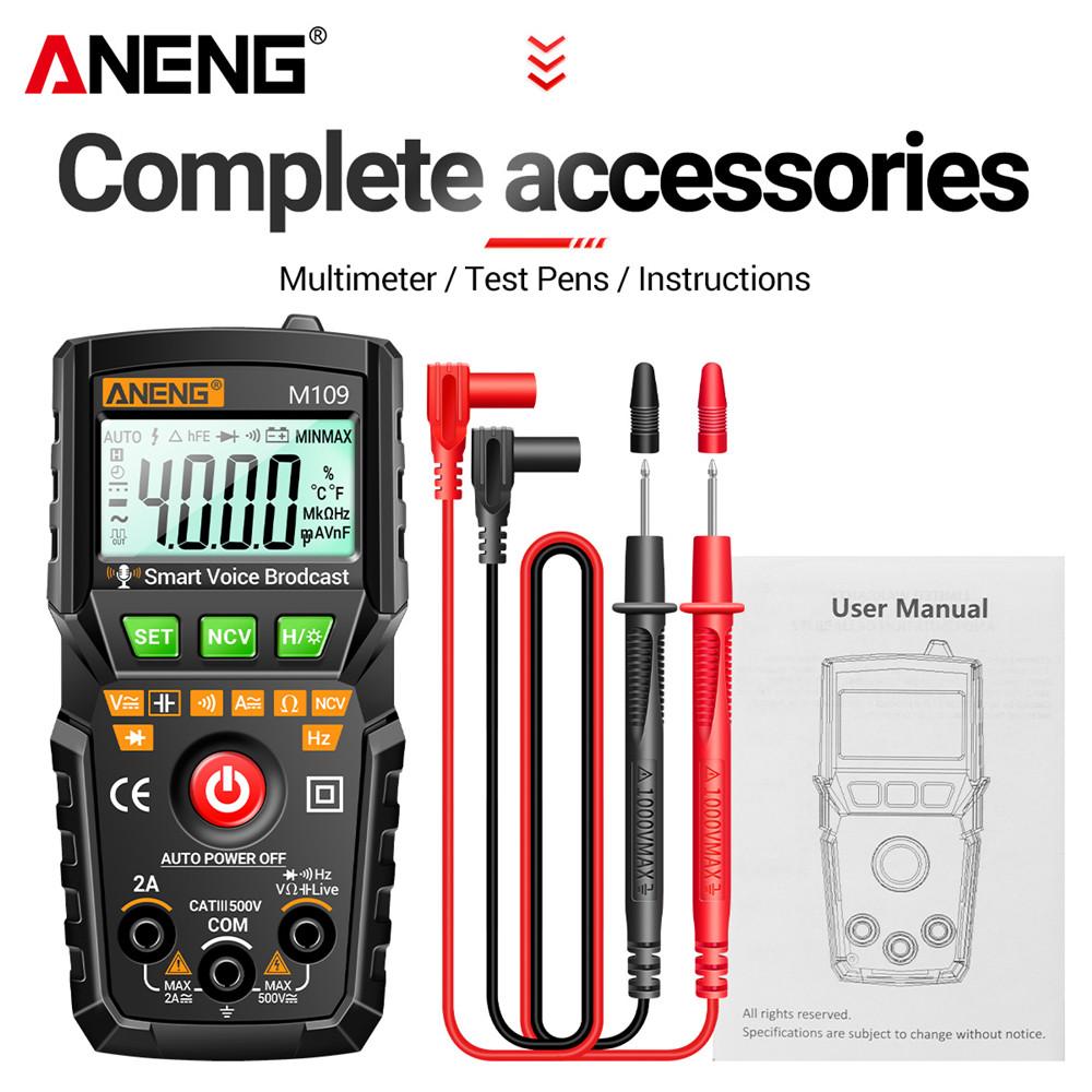 ANENG M109 Smart Multimeter Tester AC/DC Voltage Voice Broadcast Meter NCV Capacitance Continuity Professional Electrical Tools with Digital Display