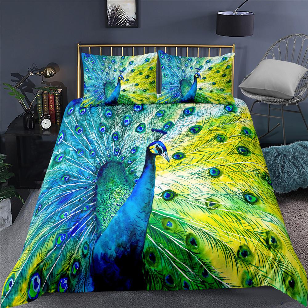 Comforter Peacock Plum Blossom Decor Bedding Set King Size Crane Peacock Feather Floral Pattern Romantic