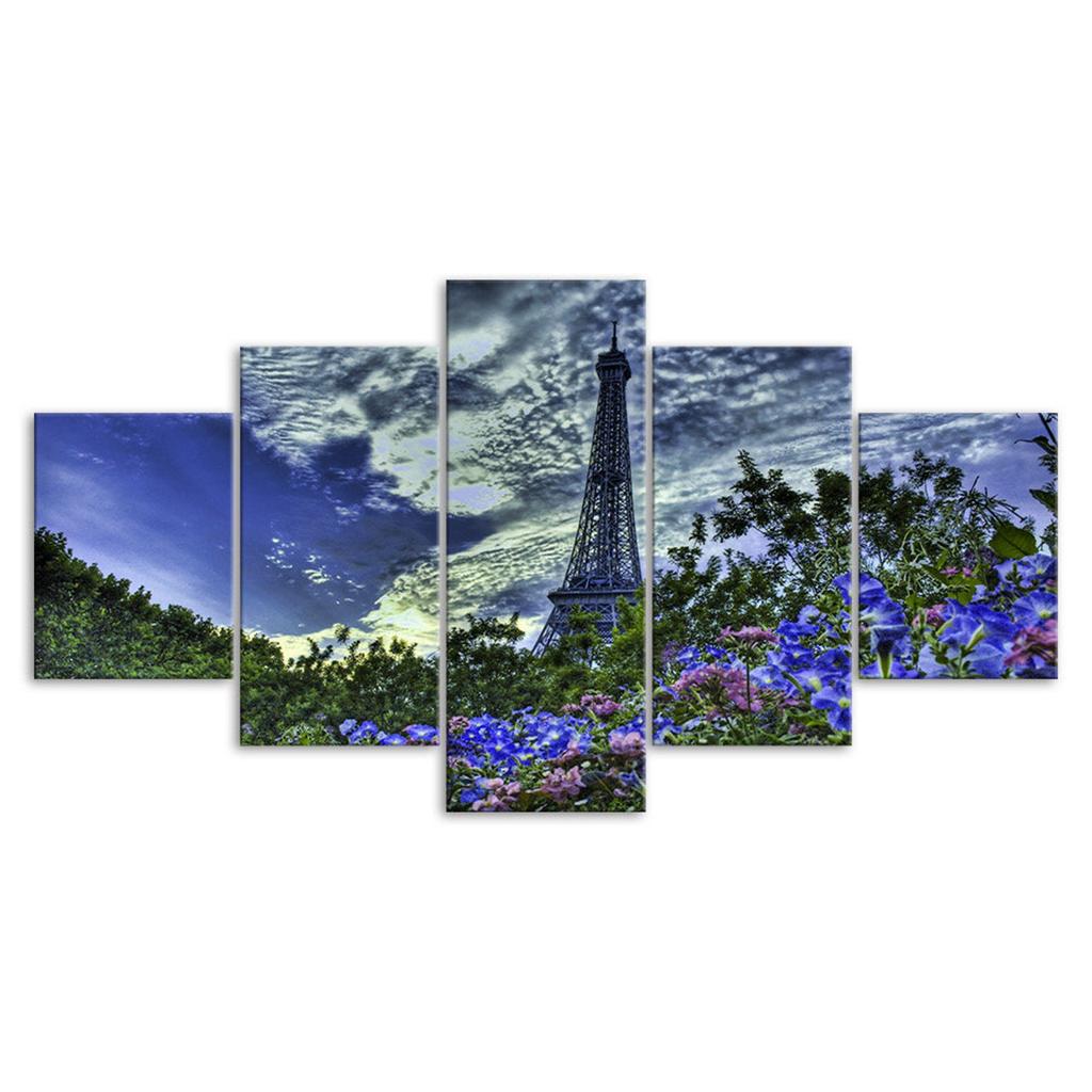 Paris Eiffel Tower Pink Flower Scenery 5 Piece Five Panel Wall Canvas Print Modern Art Poster Picture Home Decor Gift For Him For Her