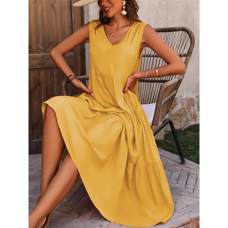 2025 Women Dress Summer Casual Vacation Holiday Beach Long Dresses V-neck Loose Elegant Yellow Black RUFFLES Dress Femme