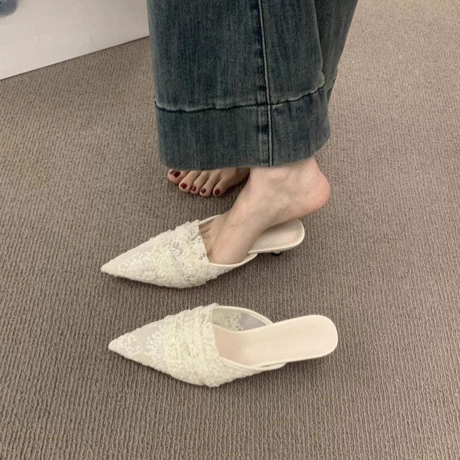 Breathable Lace Bag Head Half Slippers Women's Summer Wear French Beautiful Sandals 3cm Kitten and Pointed Muller Shoes