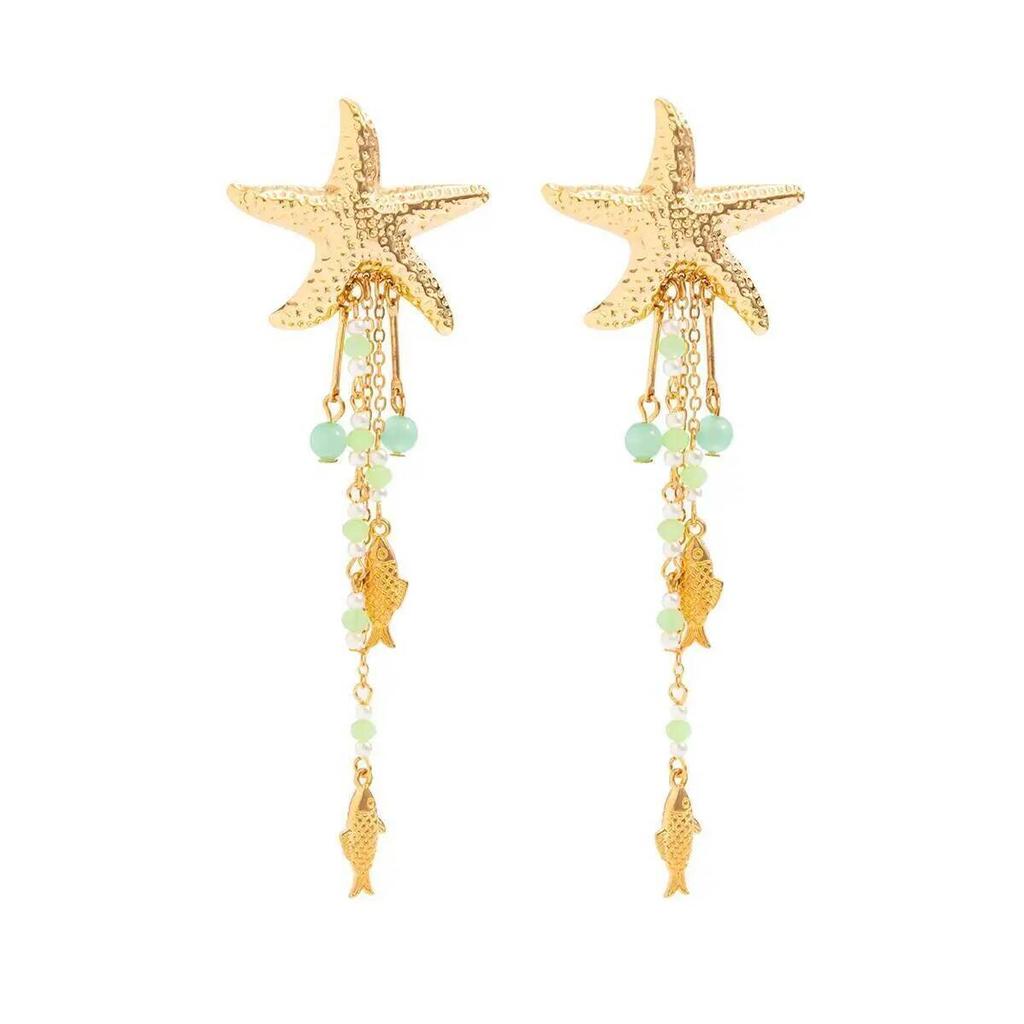 SHIXIN Trendy Starfish Fish Drop Earrings Women Summer Beach Imitation Pearl Crystal Tassel Piercing Earrings Vacation Jewelry