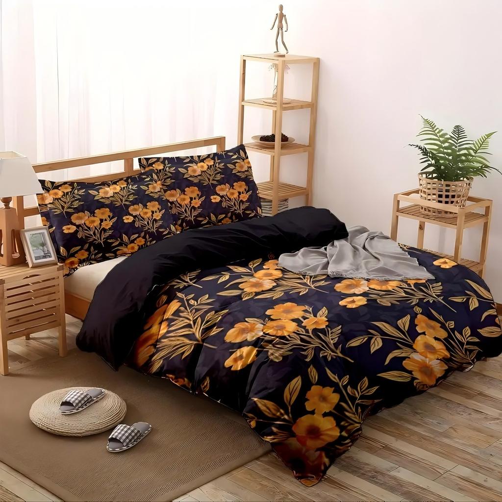 Золотые тюльпаны 3D-принт Пододеяльник Элегантный Рустикальный Натуральный стиль Полиэстер Пододеяльник Мягкий Удобный Постельный комплект Наволочки