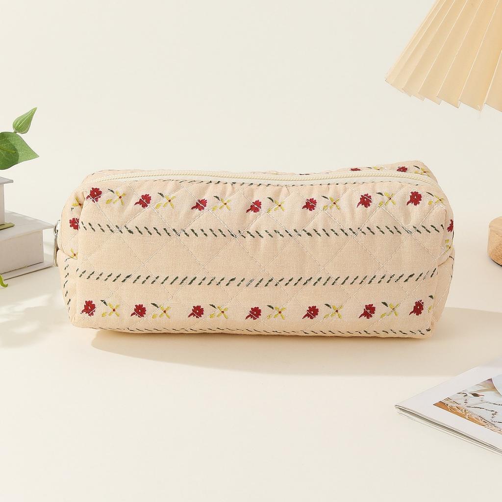 Chic Floral Pencil Case Student Girl Aesthetic Vintage Flower Strawberry Cat Pencil Bag High Capacity Stationery Storage Bag