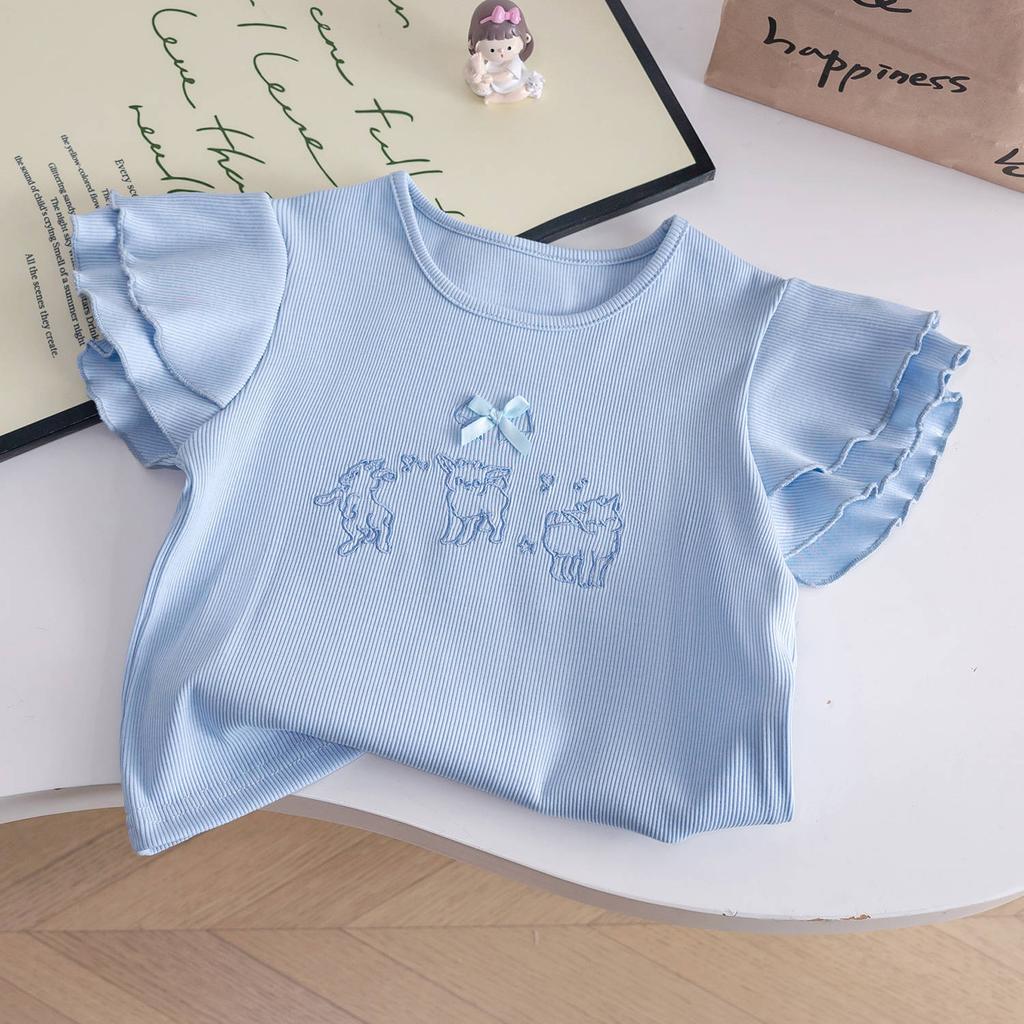 Girls Summer Blue Ruffled Short Sleeve T Shirt And Polka Dot Bloomer Shorts Two Piece Outfit Set