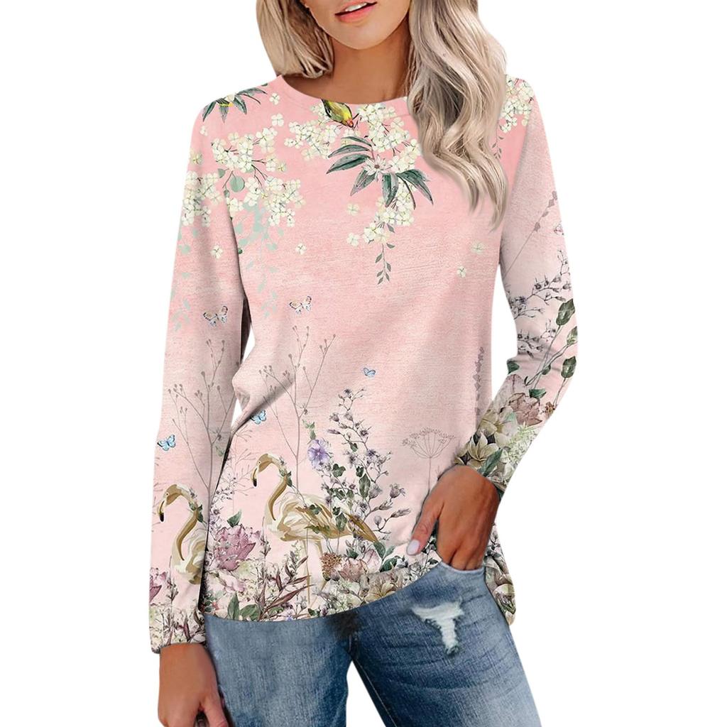 Women's Loose Casual Leisure Long Sleeve Round Neck Printed T-shirt