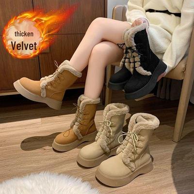 Женские зимние сапоги до колена на толстой подошве: Теплые мартинсы средней высоты до икры на скрытой платформе с бархатной подкладкой