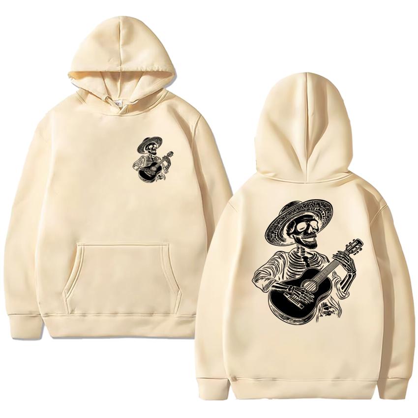 Guitar Player Skull Skeleton Gift Double Sided printed Black streetwear Men women hip hop Casual Hoodies Unisex Fleece pullovers