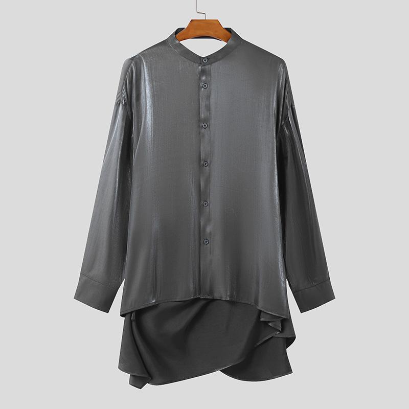 INCERUN Мужские рубашки с блестками, с длинным рукавом, на пуговицах, однотонные, с открытой спиной, бандажные топы