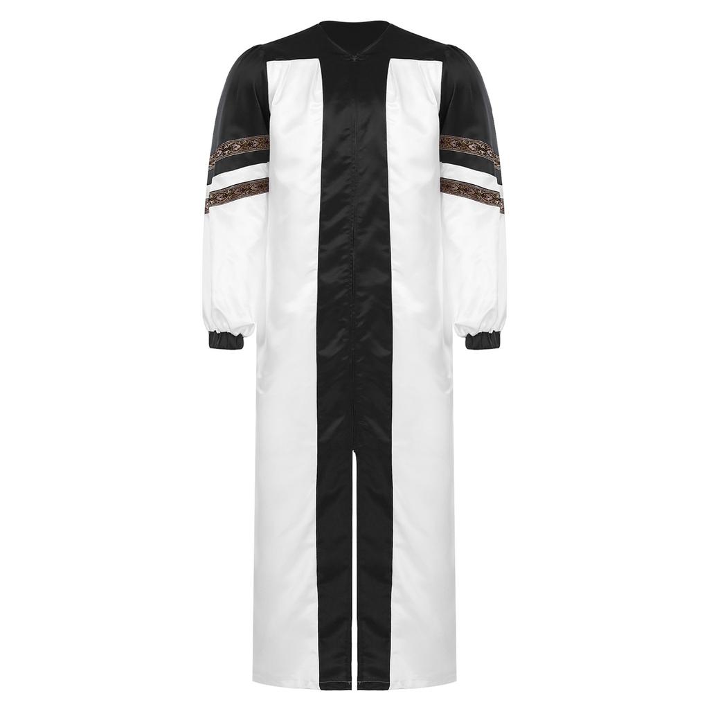 Mens Choir Robe Halloween Cosplay Theme Party Costume V Neck Embroidered Stripes Long Sleeve Clergy Gown