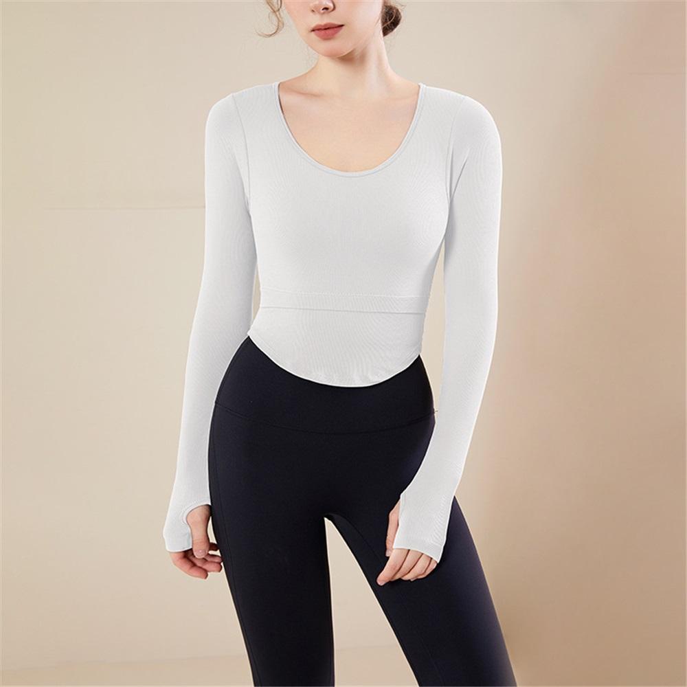 Ribbed Nude Slimming Yoga Suit Long Sleeved Women's Chest Cushion U-neck Outerwear Running Fitness Top