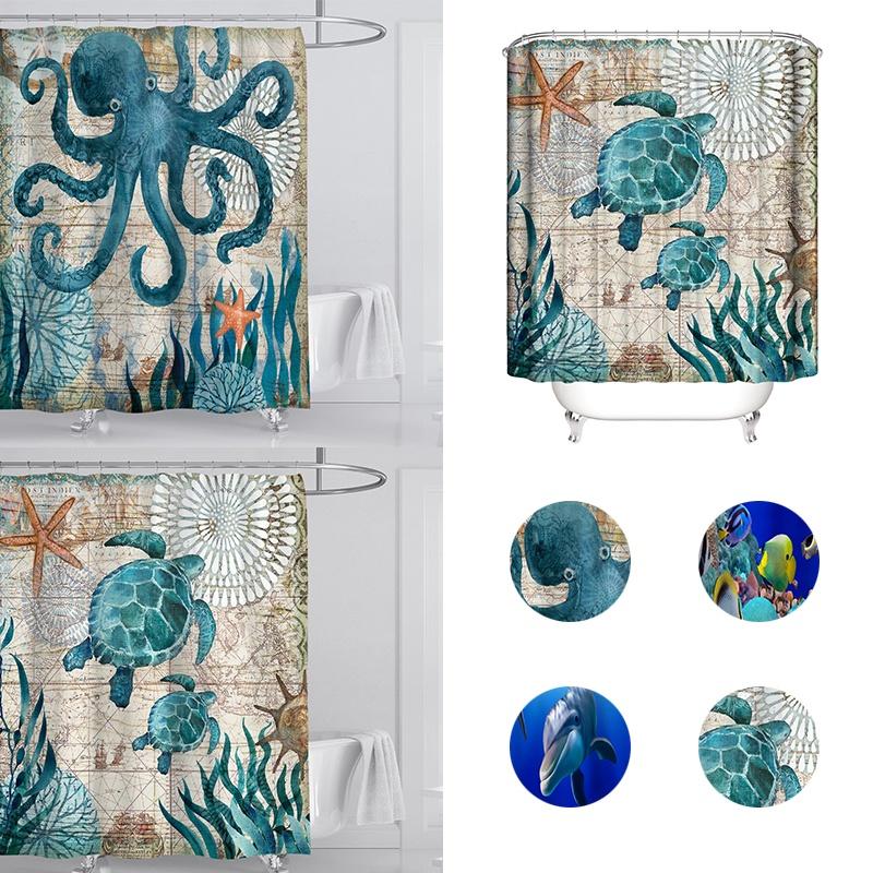Экологичная шторка для душа с морской черепахой и осьминогом, изготовленная из мягкого полиэфирного волокна и оснащенная крючками для легкой установки