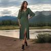 Summer Women Sexy Split A-Line Long Dress V Neck Ruffled Sleeve Solid Color