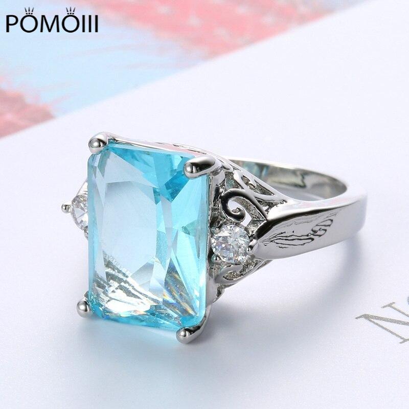 925 Sterling Silver Rectangle Zircon Rings For Women Simple Vintage Blue Gemstone Wedding Anniversary Fine Jewelry