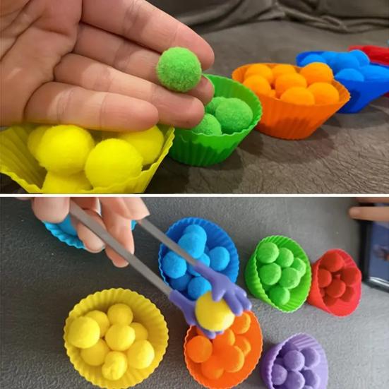78Pcs/Set Kids Color Sorting Toy with 7 Bowls 70 Pompoms Clip Preschool Learning Ball Counting Matching Game Toddlers Boys Girls Educational Toy