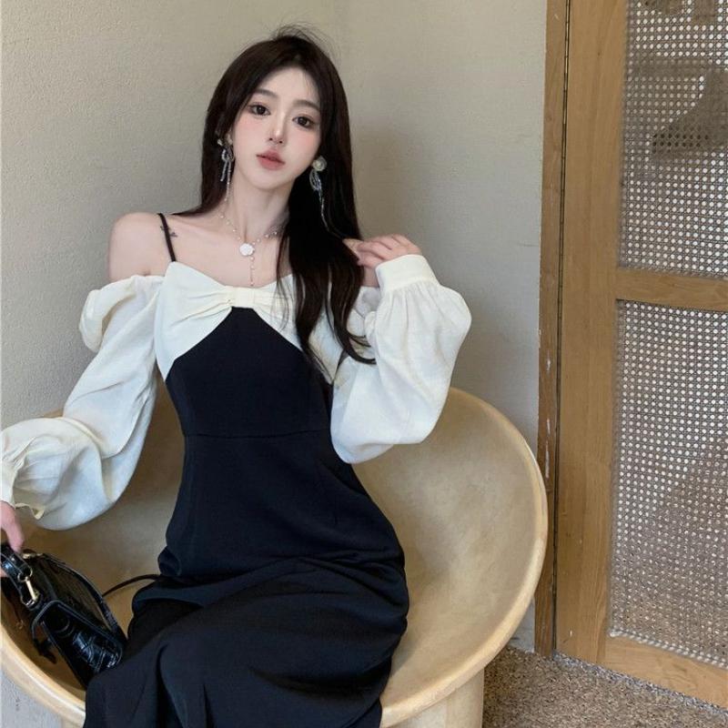 Темпераментное женское платье с длинными рукавами в стиле Хепберн, тонкая, с высокой талией, черная длинная юбка с лямкой на шее, плиссированная молния с дизайном