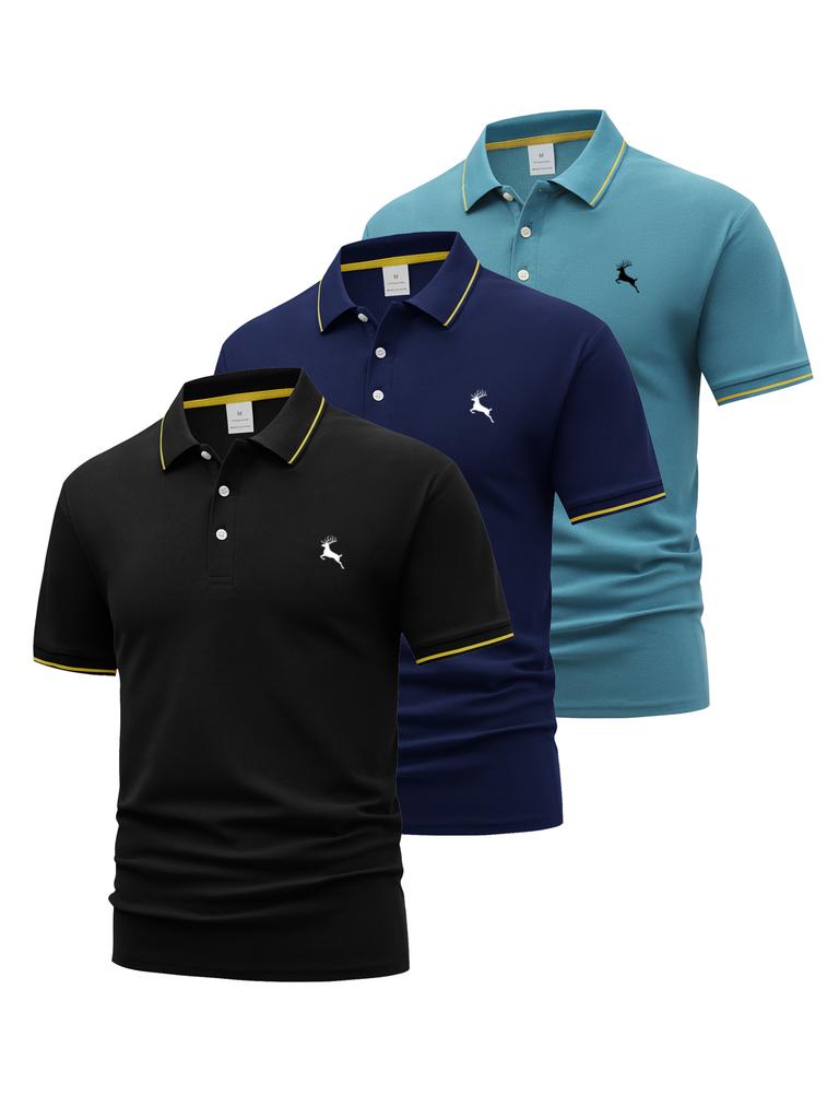3Pcs Mens Piped Trim Short Sleeve Polo Shirt, Casual Coffee Run Tops, Regular Fit for Cafe Errands Outdoor Walk Commute Leisure Wear