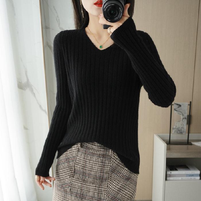 DAFIFY Женская мода повседневная осень-зима однотонный принт длинный рукав V-образный вырез свитера