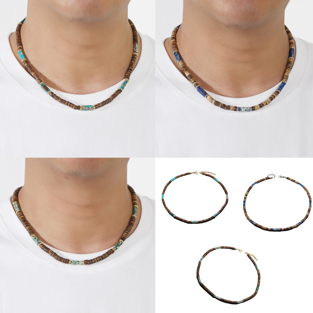 Retro Necklace Creative Trendy Neck Jewelry Made From Brown Coconut Shell Wood Beads And Natural Stone Pendant