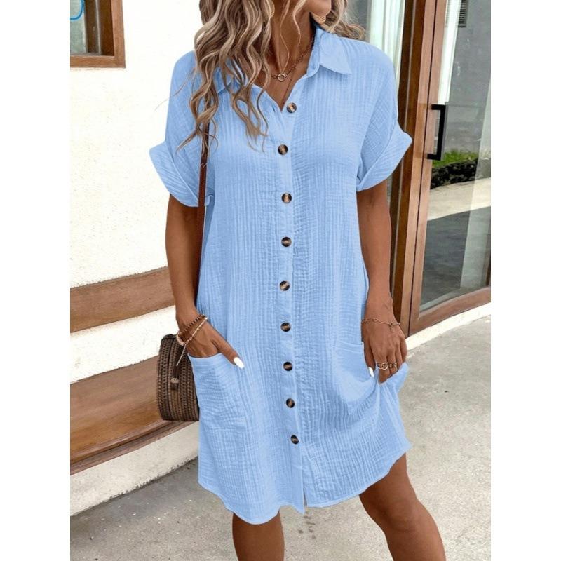 Fashion Short Sleeve Women Summer Shirt Dress New Elegant Lapel Loose Plus Size Simple Button Casual Party Dresses Single Breasted Women's Clothing