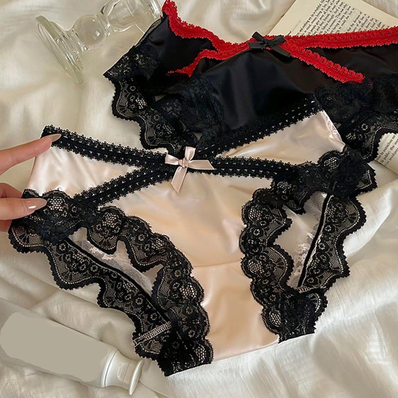TERMEZY Сексуальные женские трусики Сетчатые вставки Кружевные трусики Ледяной шелк Сатин Однотонные брифы С низкой посадкой Мягкое Дышащее нижнее белье