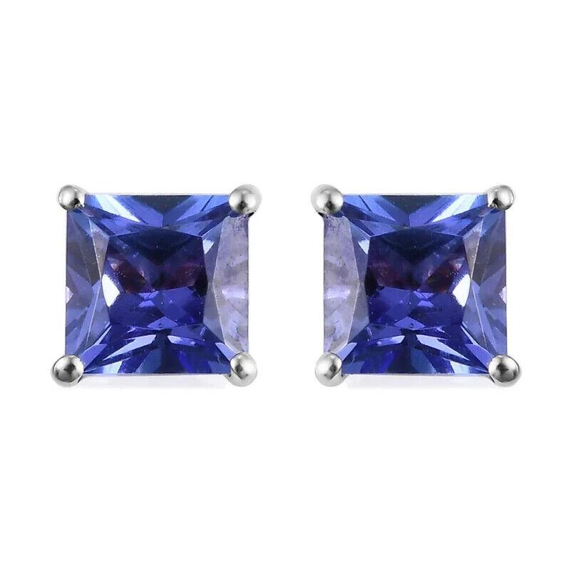 Серьги-гвоздики с драгоценным камнем танзанит огранки Ашер из стерлингового серебра 925 пробы