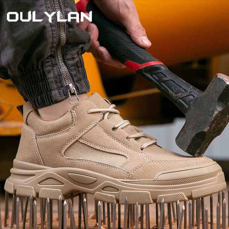Oulylan Male Non Skid Safety Shoes Puncture-proof Lace Up Work Boots Steel Toe Anti-smash Sneakers Male Cowhide Labor Footwear