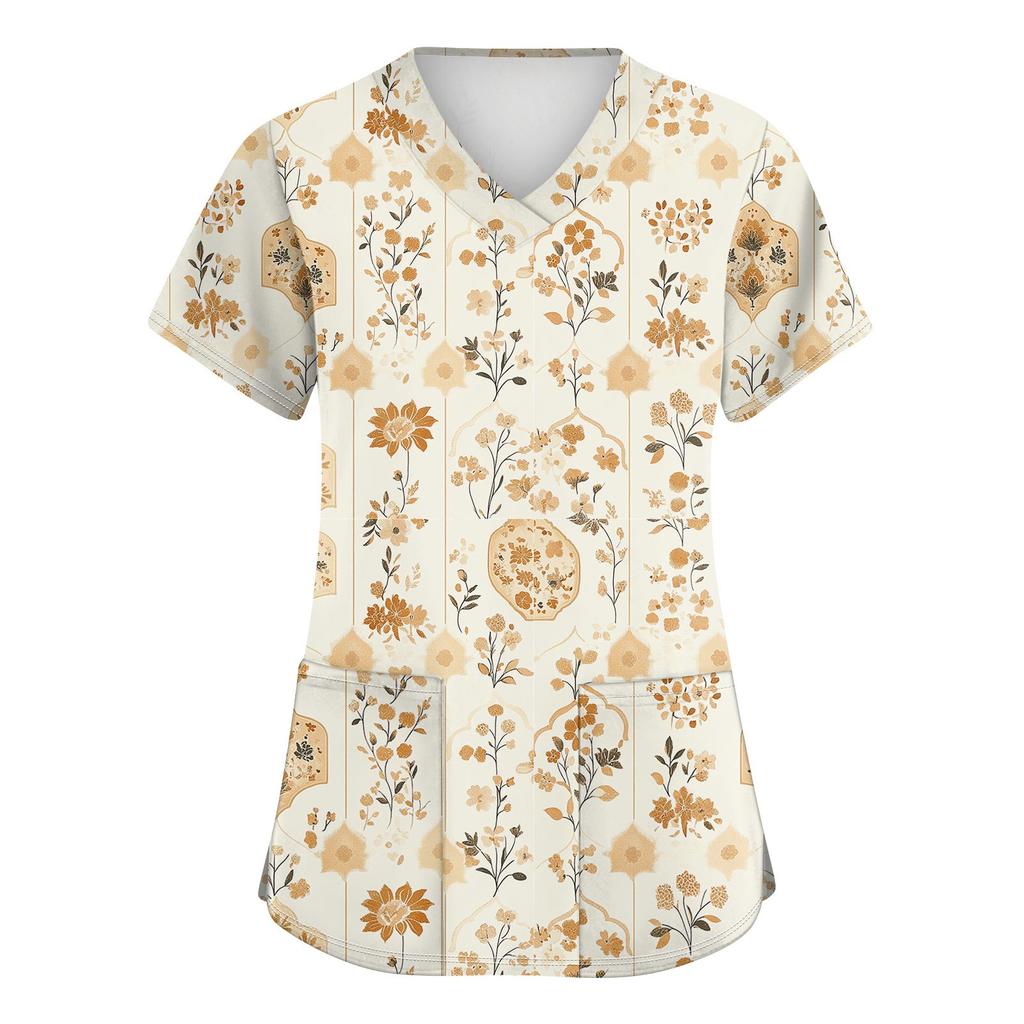 Women's Fashion V-neck Short Sleeve Workwear With Pockets Printed Tops