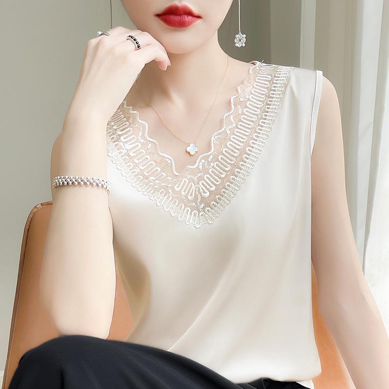 Летний женский шелковый жилет без рукавов с v-образным вырезом, футболка, сетчатые топы, свободные подтяжки