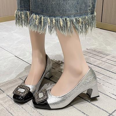 Модные женские туфли-лодочки Стиль Банкет Женские с каблуком с бриллиантами Мелкий вырез Сплайсинг Квадратная металлическая пряжка со стразами Высокие каблуки