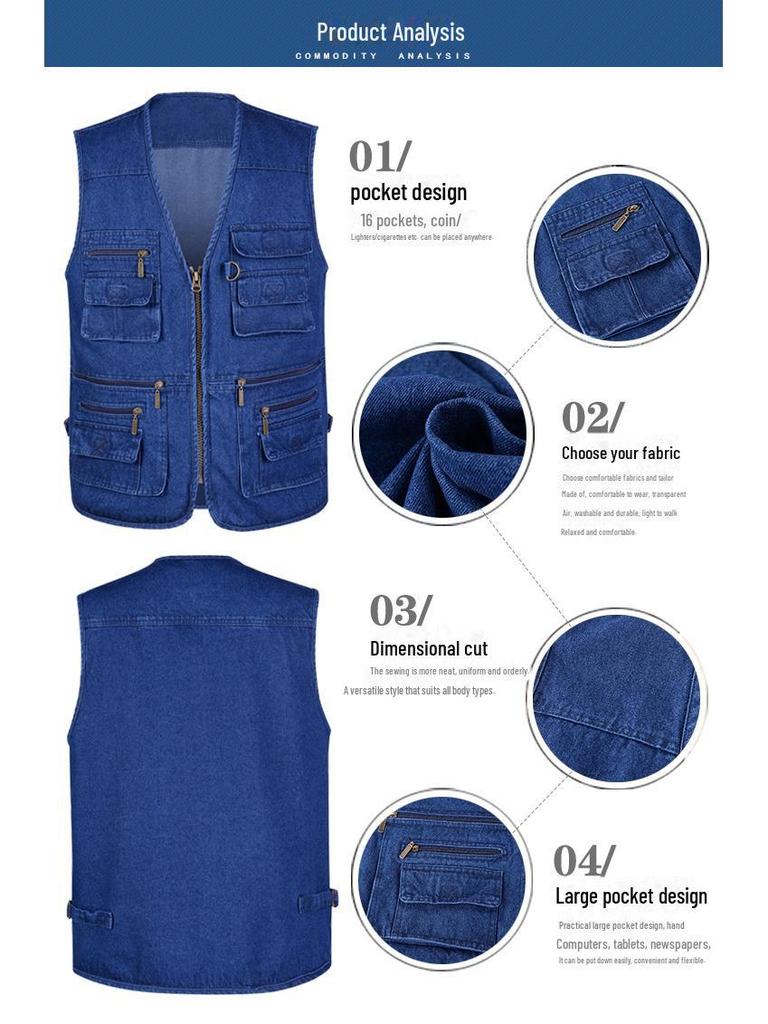 Мужской джинсовый жилет для рыбалки с V-образным вырезом и несколькими карманами