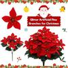 Artificial Poinsettia Bouquet with Green Leaves 4 Fork UV Resistant Fake Silk Flower Home Table Centerpiece Indoor Outdoor Faux Bloom Decoration