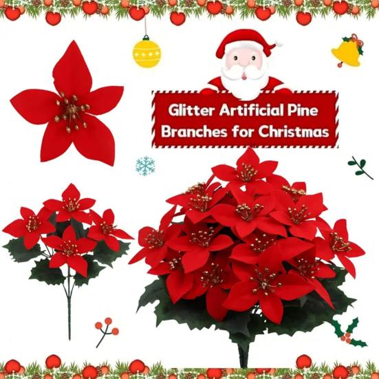 Artificial Poinsettia Bouquet with Green Leaves 4 Fork UV Resistant Fake Silk Flower Home Table Centerpiece Indoor Outdoor Faux Bloom Decoration