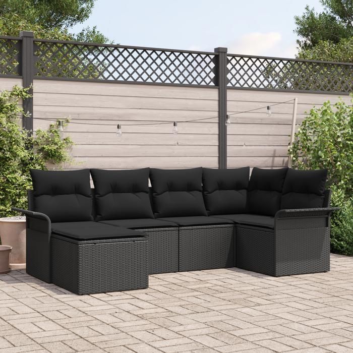 Ensemble de canapé de jardin 6 pièces avec coussins en rotin poly noir, Canapé de jardin 2 places avec rangement et coussins 3354102