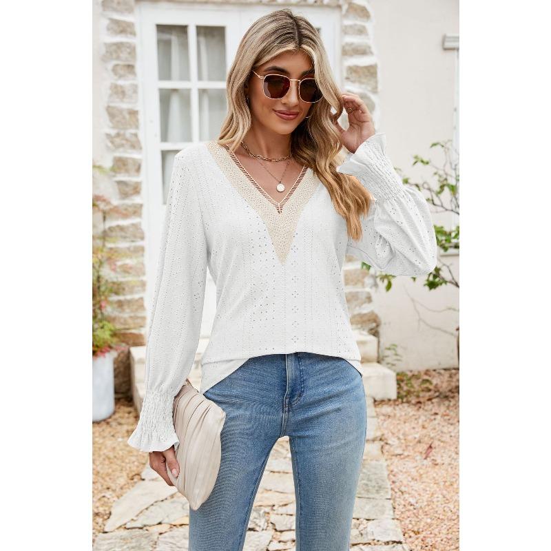 Spring and Autumn Women's T-shirt Tops Jacquard Chiffon Shirt Lace Stitching Long Sleeve Loose V-neck Blouse for Women