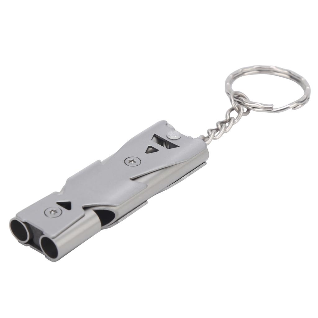 Свисток для выживания на открытом воздухе с брелоком из нержавеющей стали с двумя трубками, безопасный свисток Grey