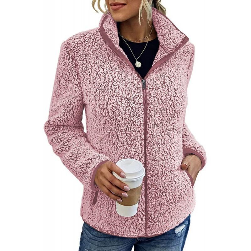 Womens Stand Collar Solid Color Zip-Up Fleece Sweatshirt Loose Fit Long Sleeve Winter Outerwear