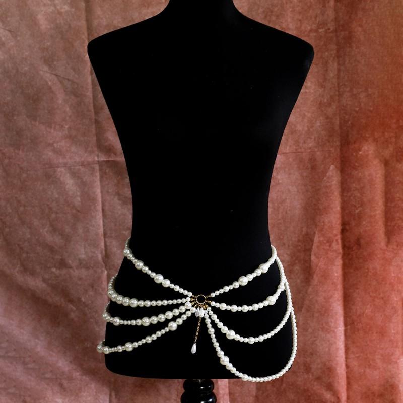 Womens Layered Pearl-Style Waist Chain With Pink Floral Glass Beads Tassel Detail Resin Crafted Fashion Body Jewelry